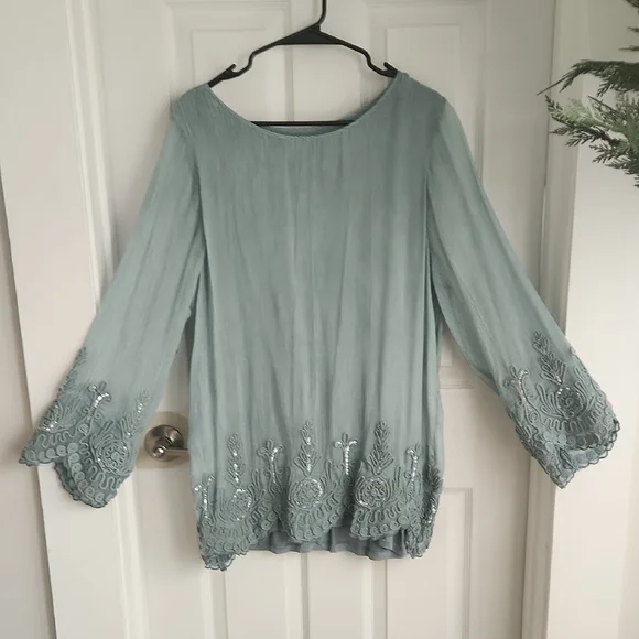 Soft Surroundings Sage Green Embroidered Bell-Sleeve Tunic - Picture 2 of 7